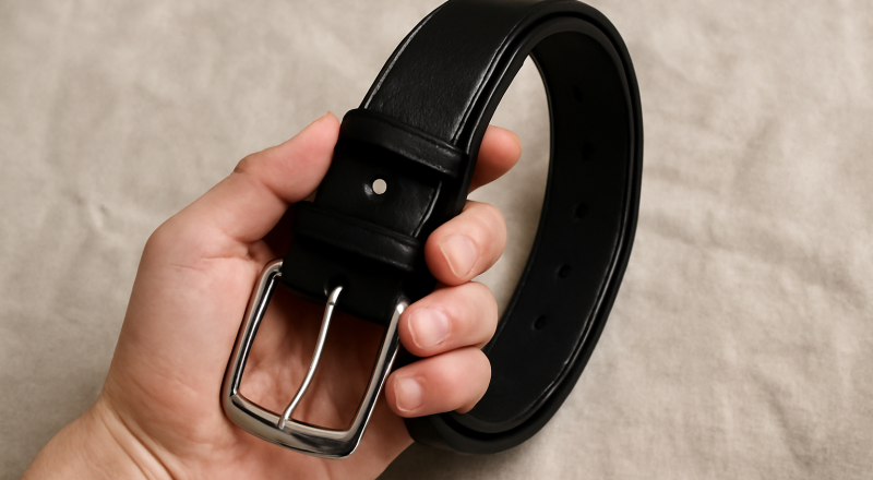 main tenant une ceinture sur un tissu neutre