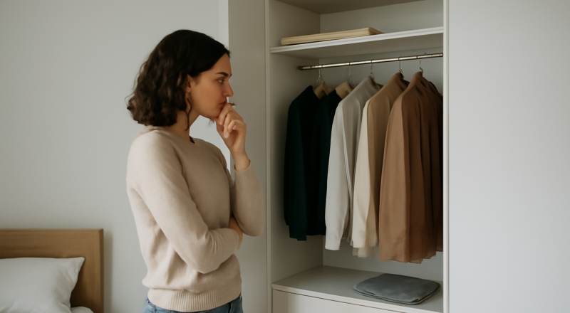 personne réfléchissant devant penderie minimaliste