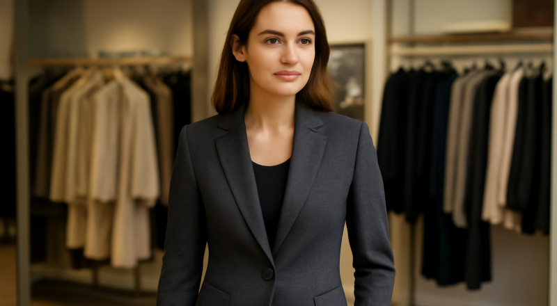 femme en blazer ajusté dans une boutique