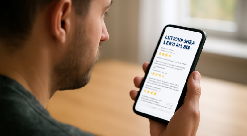 utilisateur lisant avis clients sur smartphone