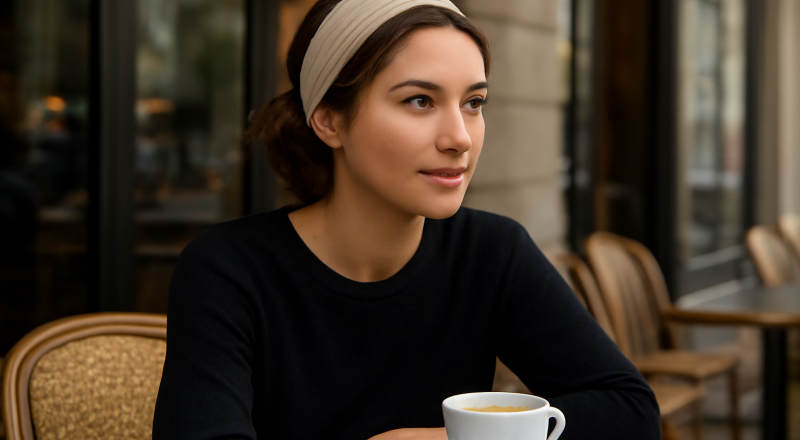femme coiffée d'un bandeau assise au café