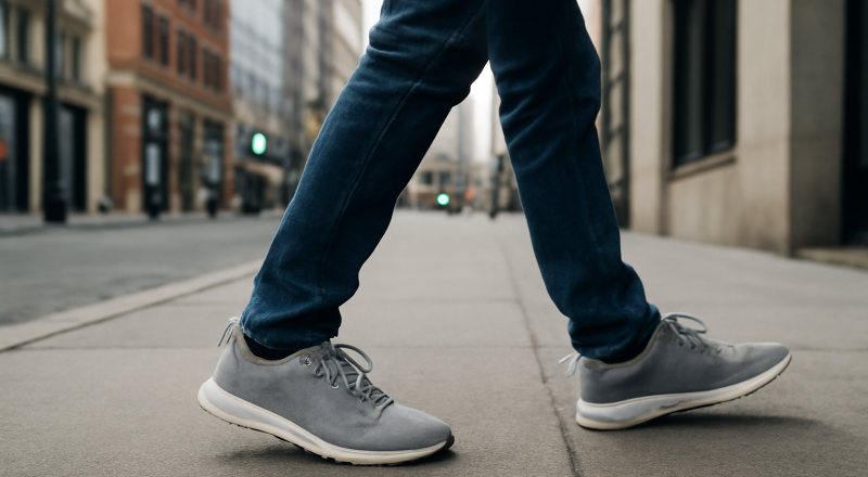 personne marchant en baskets sur trottoir urbain