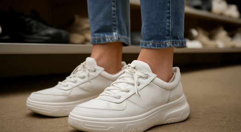 pieds essayant des baskets larges en magasin