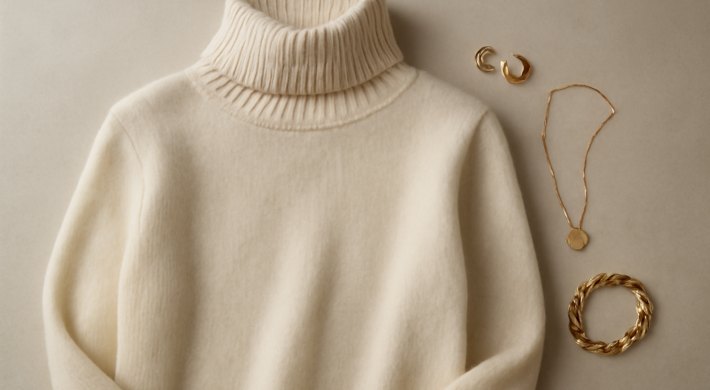 pull col montant posé avec bijoux à côté