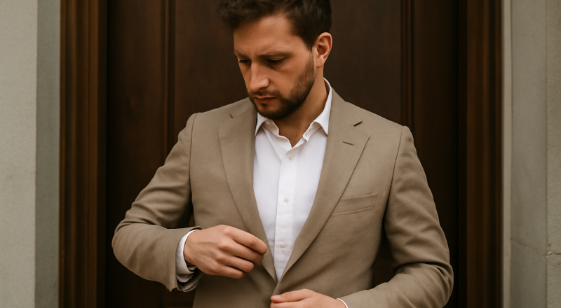 homme ajustant un blazer devant une porte