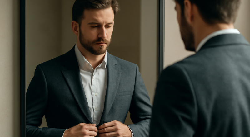 homme ajustant un blazer devant miroir