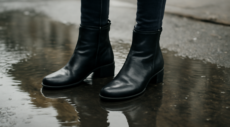 bottines sous une flaque d'eau sur la rue