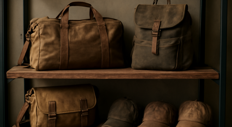 sacs et casquettes robustes sur étagère atelier