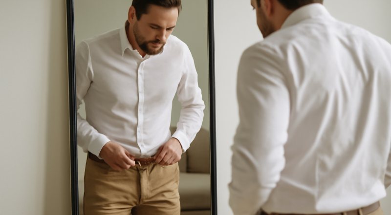homme ajustant un chino devant un miroir