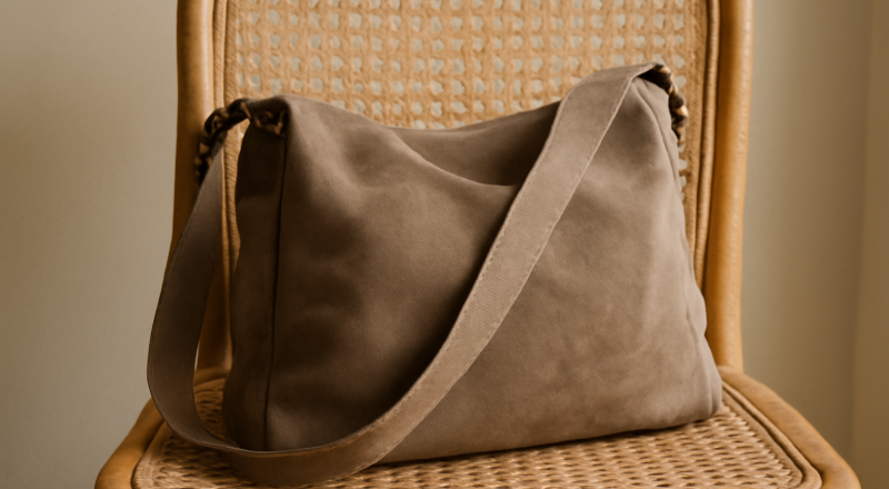 sac souple posé sur chaise en rotin