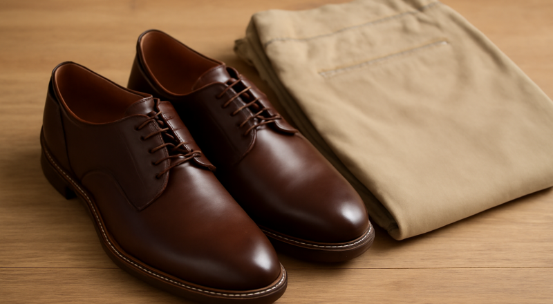 derbies posées près d'un pantalon chino plié