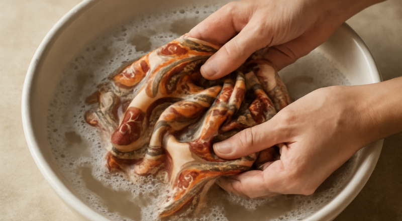 mains lavant délicatement un foulard en soie
