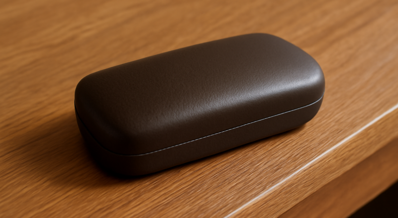 etui a lunettes posé sur une console en bois