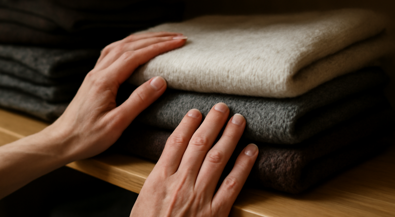 mains touchant tissu laine sur étagère