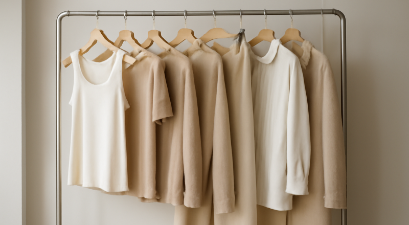 vêtements minimalistes suspendus en boutique