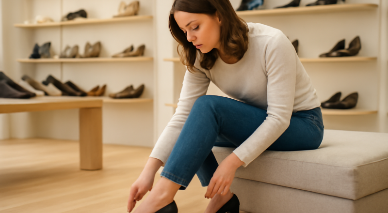 femme essayant des talons bas dans une boutique