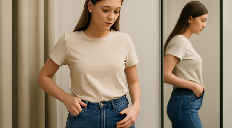 femme essayant un jean et t-shirt neutre