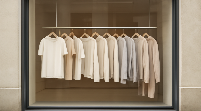 vitrine boutique vêtements basiques alignés