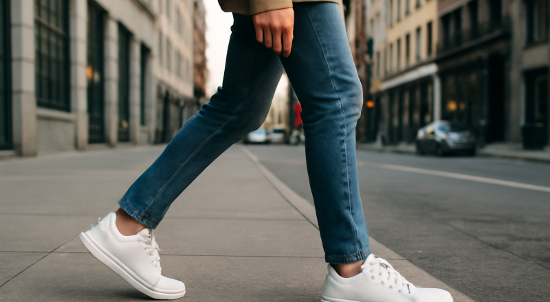 personne marchant en baskets blanches en ville