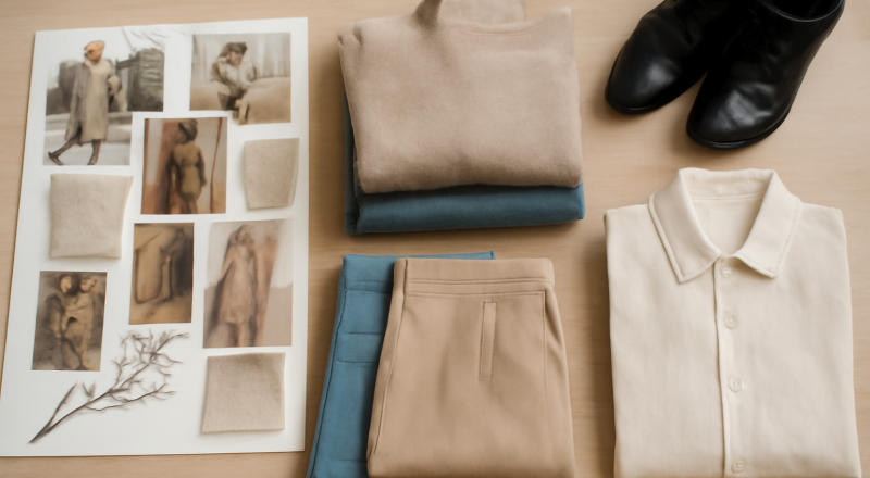table avec moodboard et vêtements triés