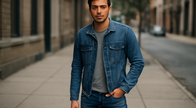 homme en jean ajusté posant sur un trottoir