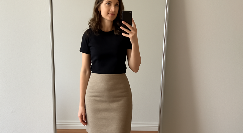 femme portant jupe au genou devant miroir