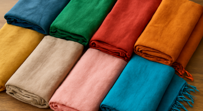 foulards colorés étalés sur une table