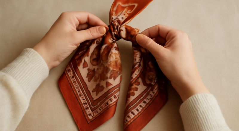 main nouant un foulard carré vintage