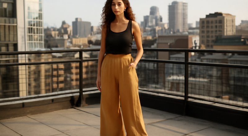 femme en pantalon fluide sur terrasse urbaine