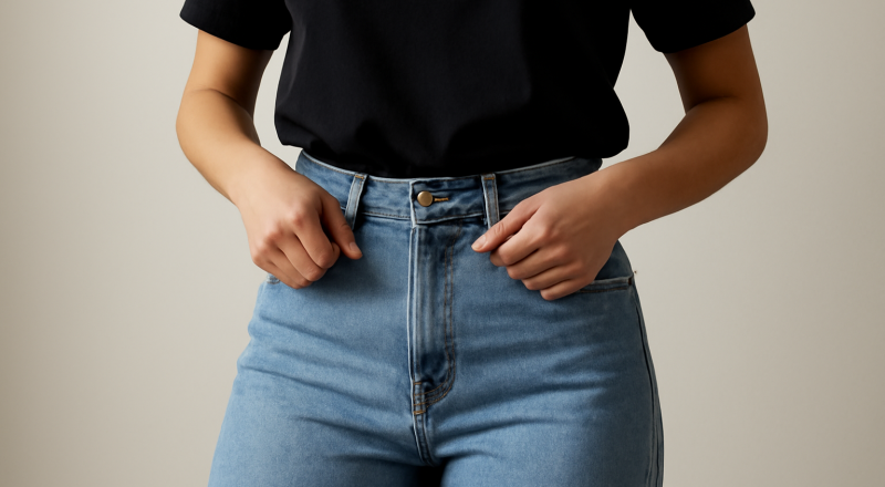 personne ajustant son pantalon taille haute