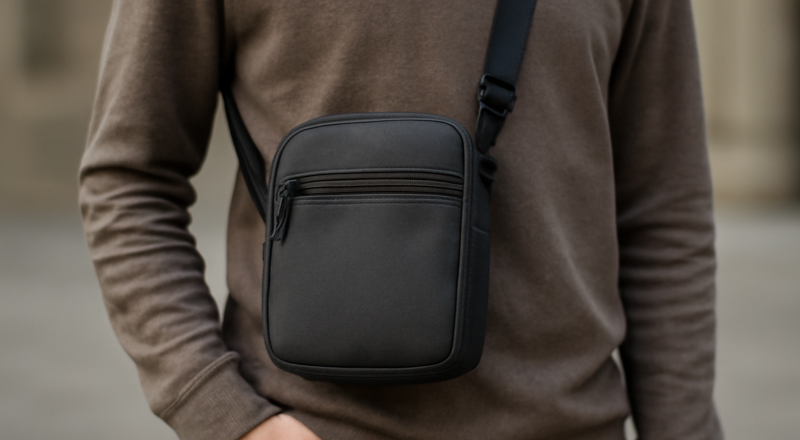 personne portant un sac compact en bandoulière