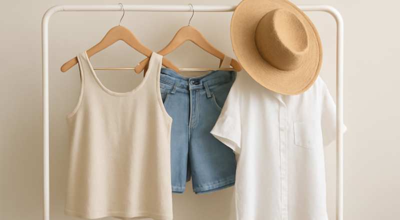 vêtements d'été suspendus sur porte-manteau minimaliste