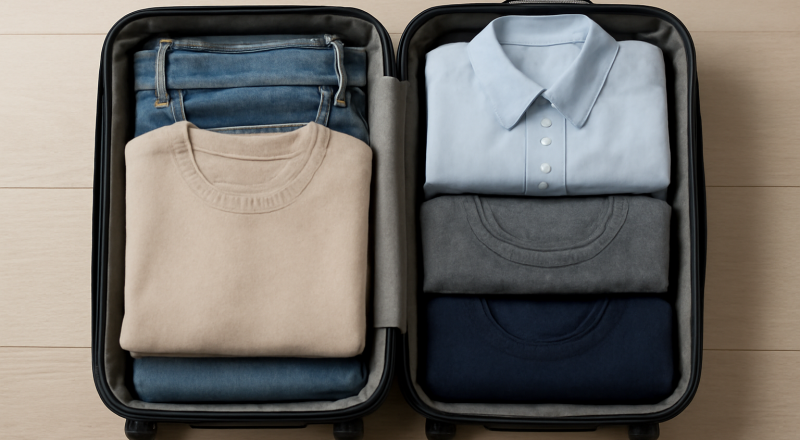 valise compacte ouverte avec tenues pliées