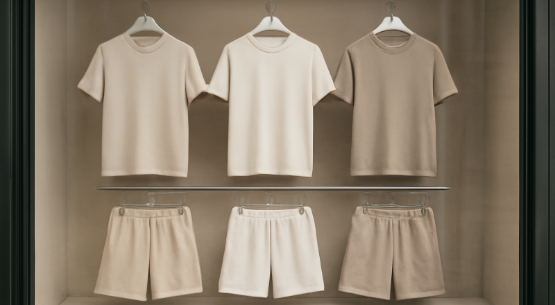 vitrine présentant t-shirts et shorts neutres