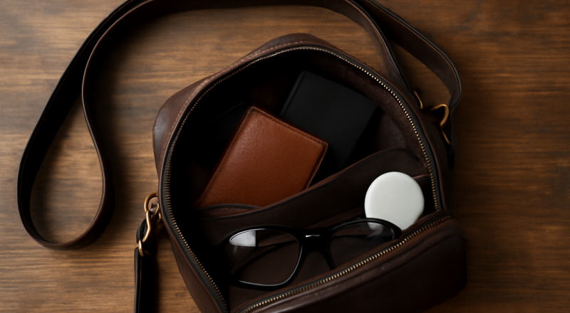 sac à bandoulière ouvert avec objets