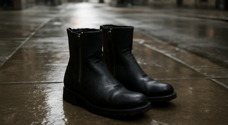 paire de bottes sur trottoir mouillé urbain