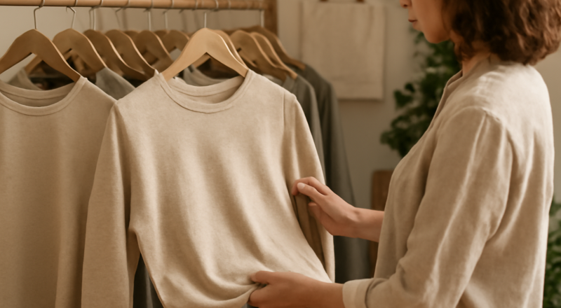 personne feuilletant vêtements éco-responsables en boutique