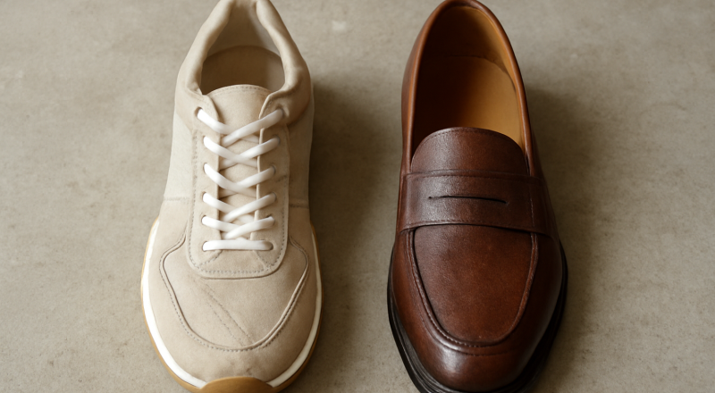 sneakers et mocassins côte à côte