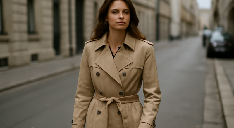 femme portant un trench beige en rue