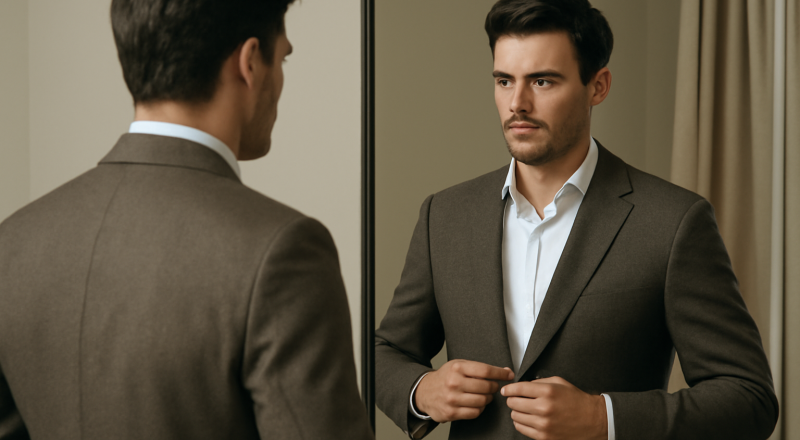 homme essayant une veste structurée devant miroir