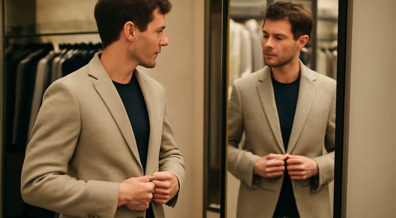 homme essayant veste devant miroir boutique