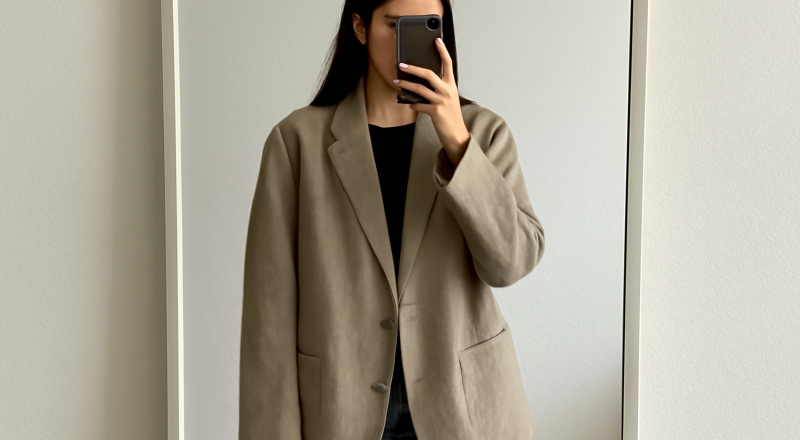personne portant une veste oversize devant un miroir