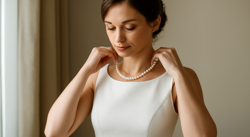 femme ajustant un collier près d'une robe droite