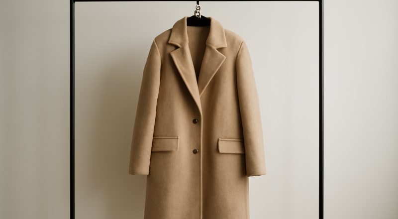 manteau long pendu sur tringle minimaliste