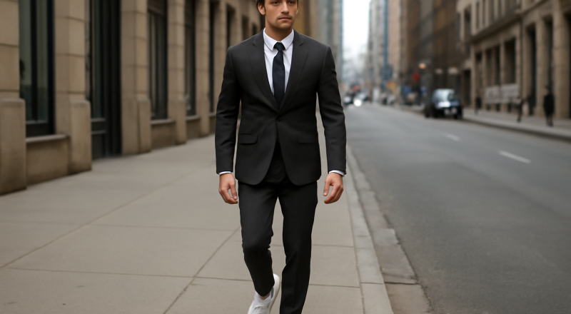 homme en costume portant baskets blanches en ville