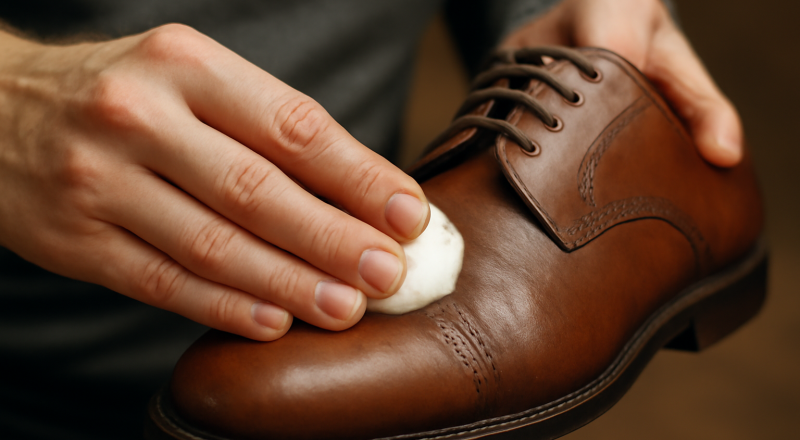 mains appliquant crème sur cuir de chaussure
