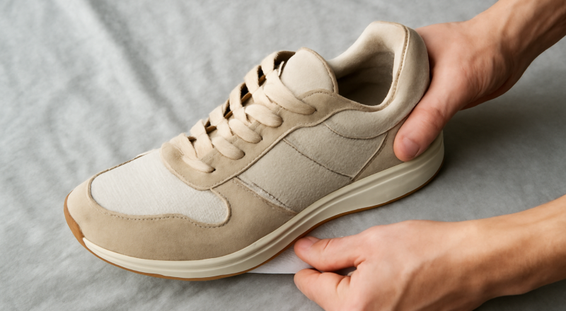 main étirant une chaussure sur un maillot