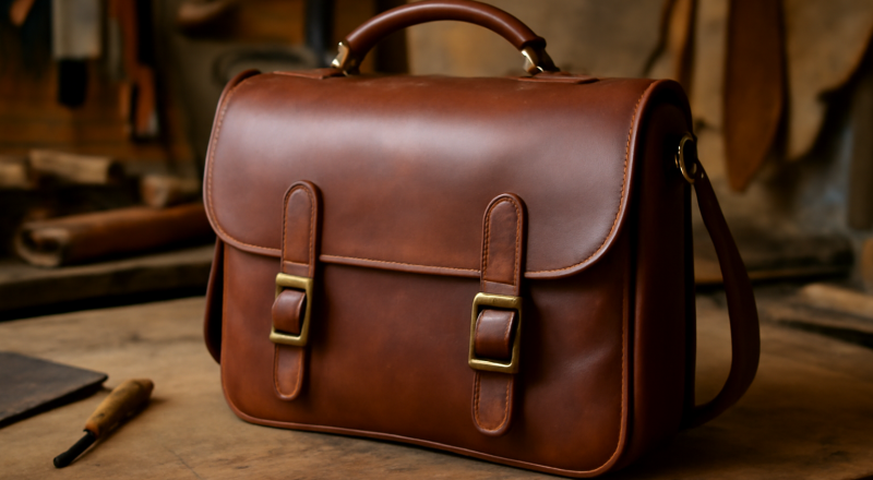 sac en cuir posé sur table d'atelier