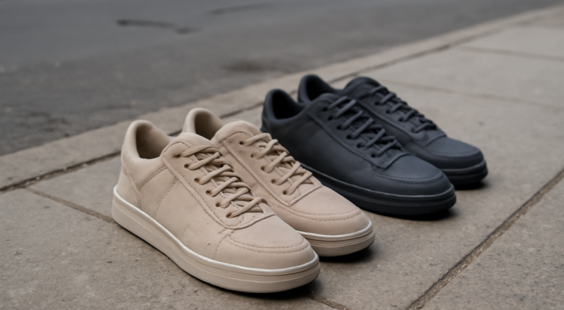 paires de baskets posées sur trottoir urbain