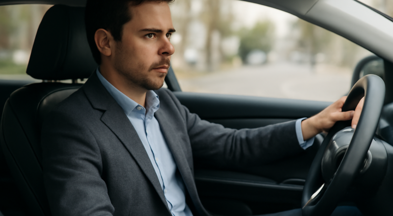 homme assis au volant en blazer